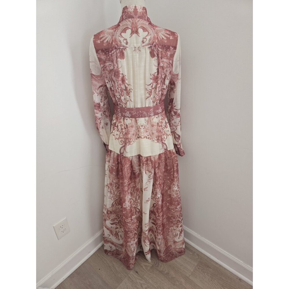Floral Maxi Chinoiserie High Neck Belted Long Sleeves Mauve Pink Cream Dress M - Picture 6 of 12